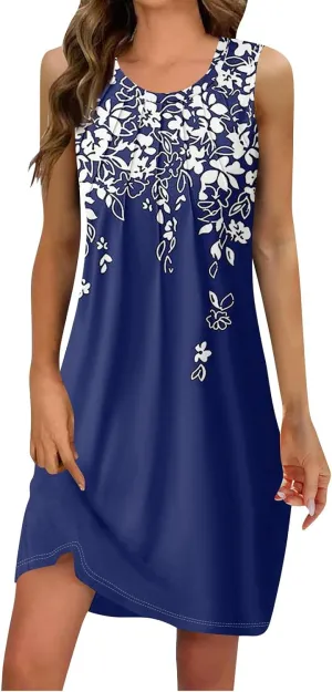 Women's Dresses Summer Midi Tropical Sleeveless U Neck Dressy Tank Dress Casual Knee Length Party Sundress