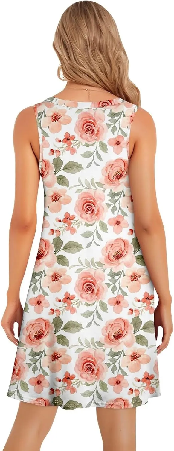 Women's Dresses Summer Midi Tropical Sleeveless U Neck Dressy Tank Dress Casual Knee Length Party Sundress