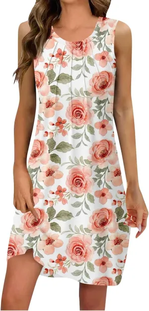 Women's Dresses Summer Midi Tropical Sleeveless U Neck Dressy Tank Dress Casual Knee Length Party Sundress