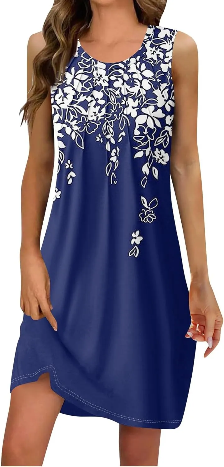 Women's Dresses Summer Midi Tropical Sleeveless U Neck Dressy Tank Dress Casual Knee Length Party Sundress