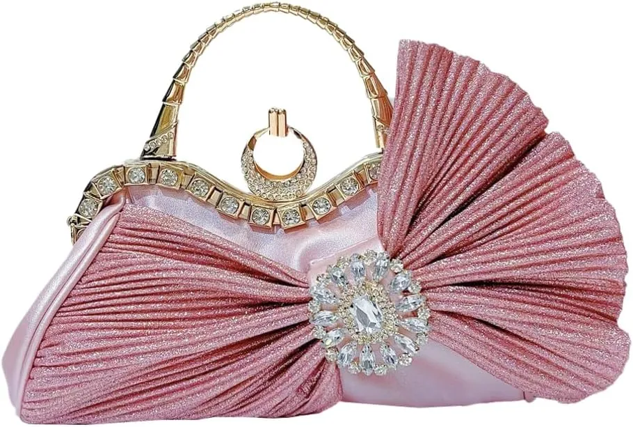 Women's Evening Bag Clutch Purse Mini Pleated Bow Evening Clutch Crystal Envelope Handbag Shoulder Bag for Prom Party