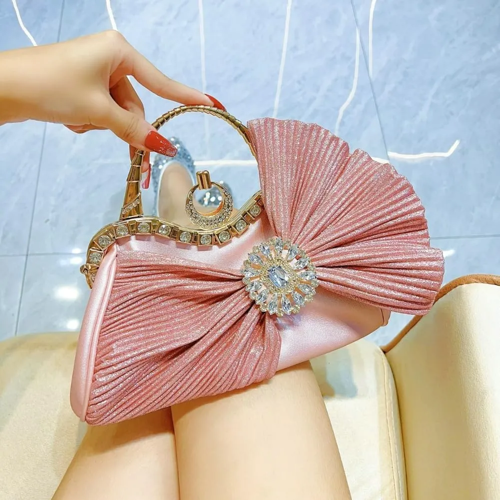 Women's Evening Bag Clutch Purse Mini Pleated Bow Evening Clutch Crystal Envelope Handbag Shoulder Bag for Prom Party