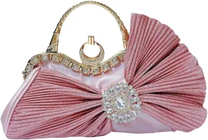 Women's Evening Bag Clutch Purse Mini Pleated Bow Evening Clutch Crystal Envelope Handbag Shoulder Bag for Prom Party