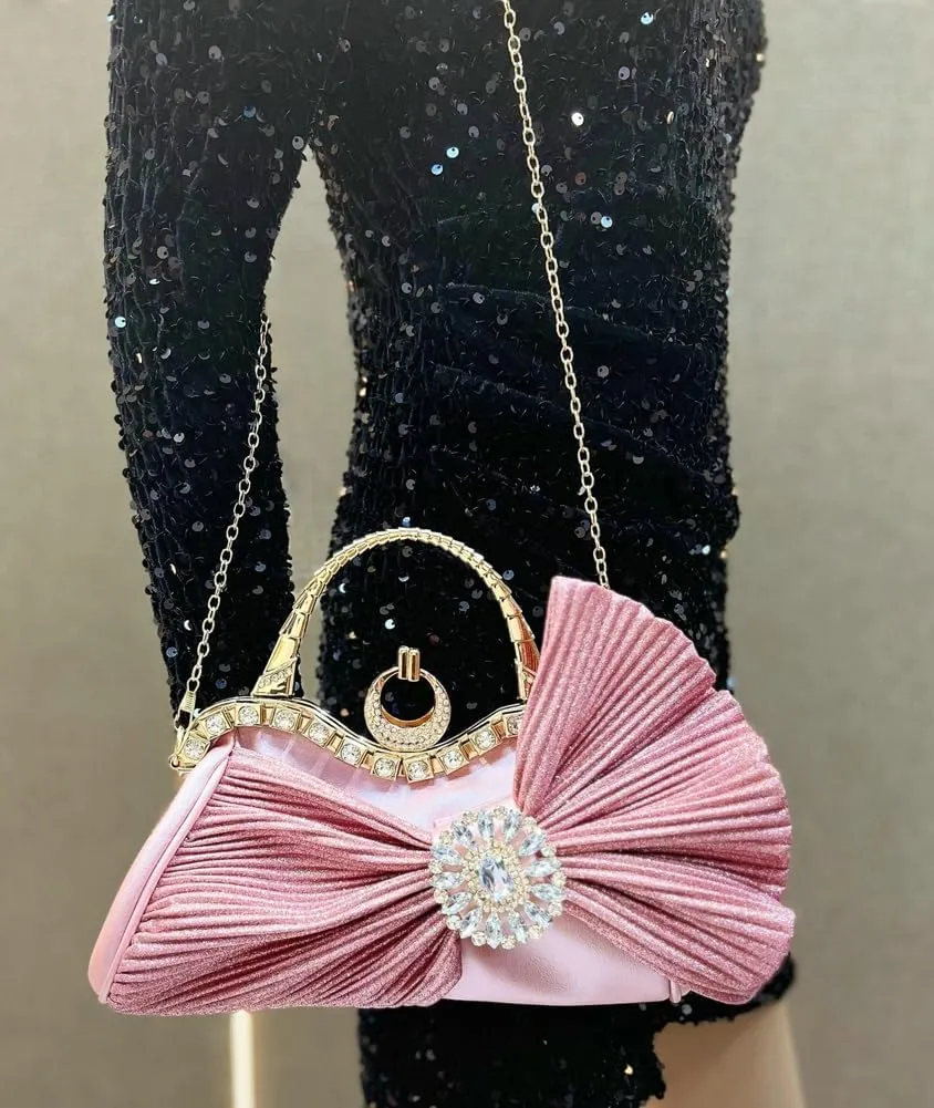 Women's Evening Bag Clutch Purse Mini Pleated Bow Evening Clutch Crystal Envelope Handbag Shoulder Bag for Prom Party