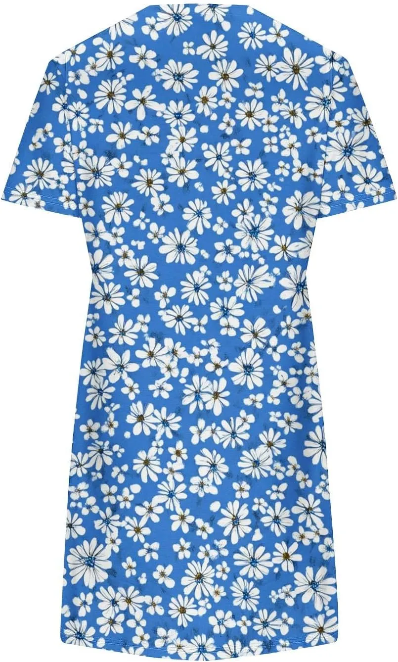 Womens Fashion Summer Shirtdress Floral Print Short Sleeve Round Neck A-Line Dresses 2025 Casual Mini Sundress