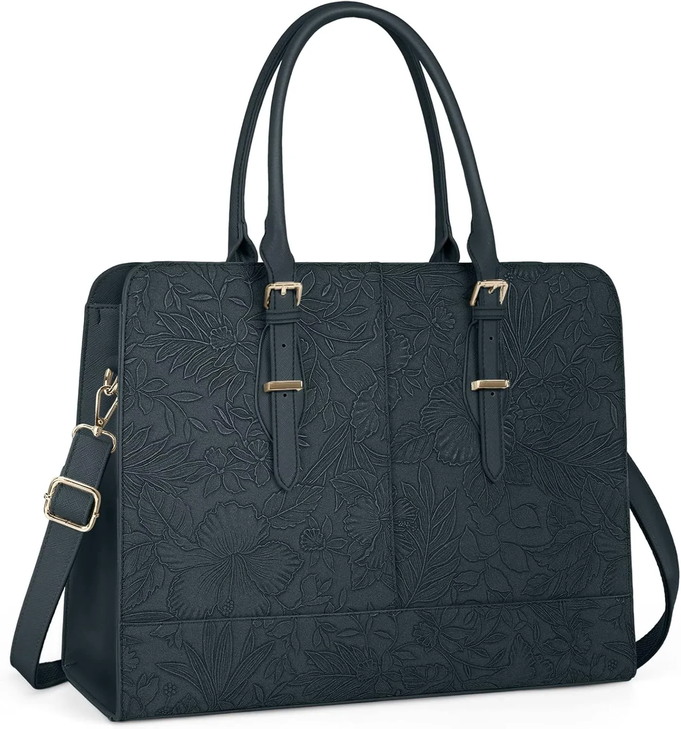 Women's Floral Embossed Laptop Tote Bag, Faux Leather Briefcase with Shoulder Strap, Black