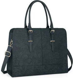 Women's Floral Embossed Laptop Tote Bag, Faux Leather Briefcase with Shoulder Strap, Black