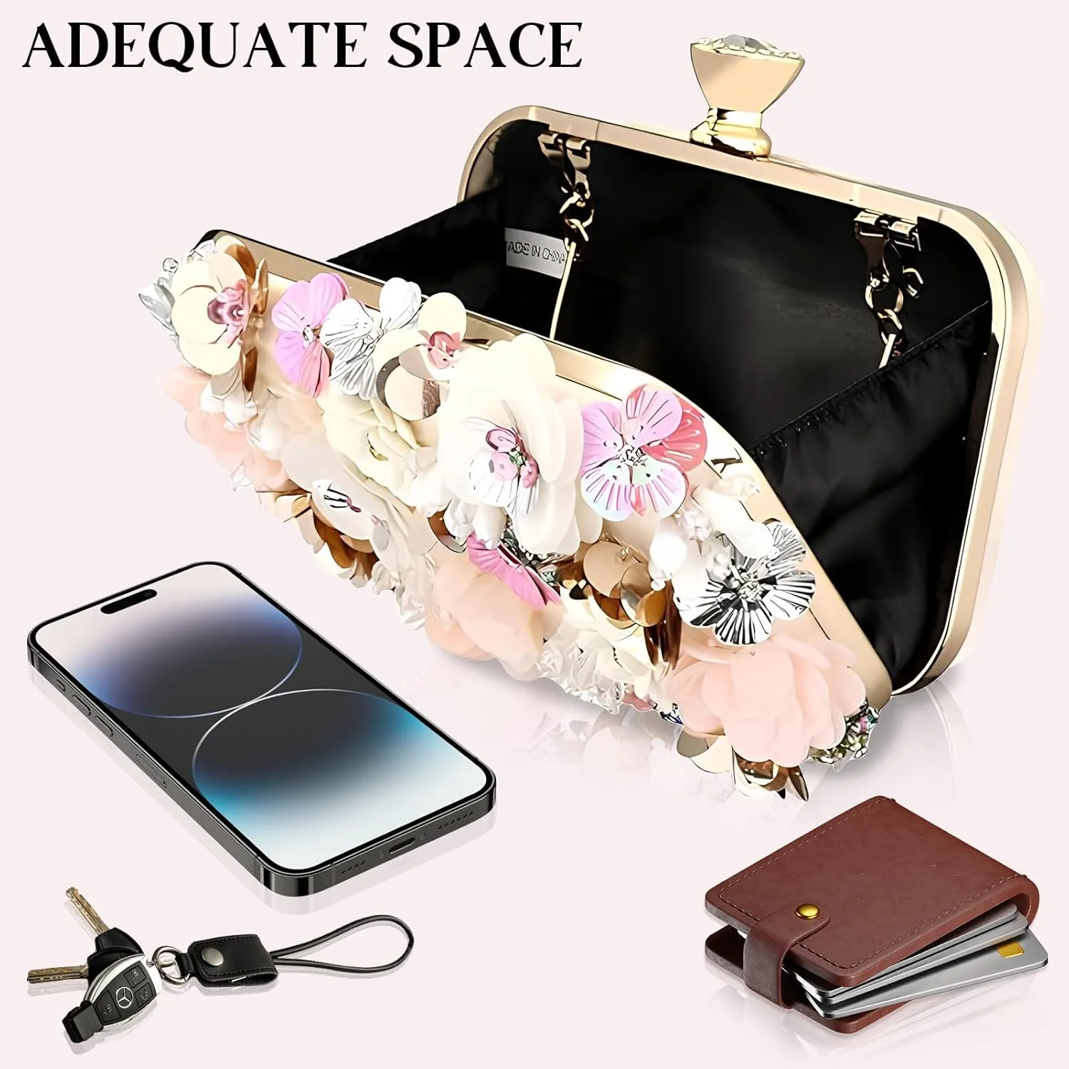 Women's Floral Evening Clutch Bag - Colorful Flower Handbag with Metal Rhinestones