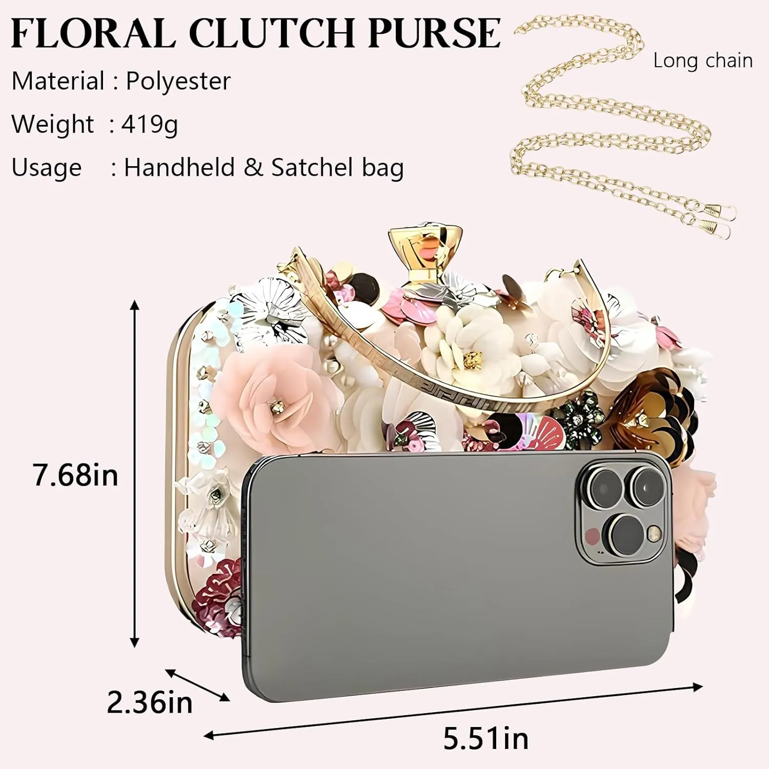 Women's Floral Evening Clutch Bag - Colorful Flower Handbag with Metal Rhinestones