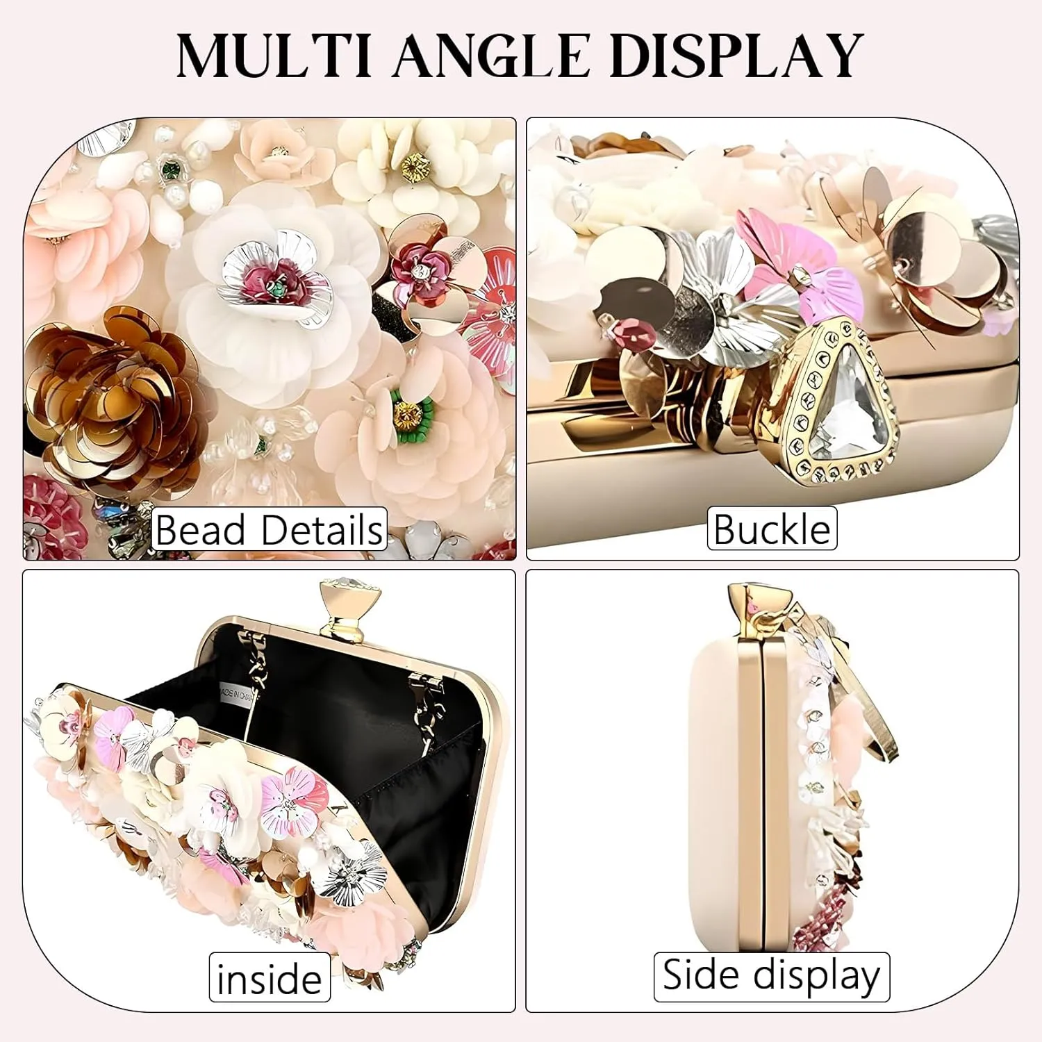 Women's Floral Evening Clutch Bag - Colorful Flower Handbag with Metal Rhinestones