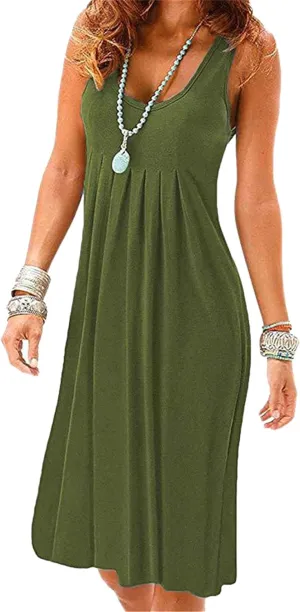 Women's Floral Print Swing Tank Dress Crew Neck Cinched Waist Sundress Lightweight Dressy Midi Dresses