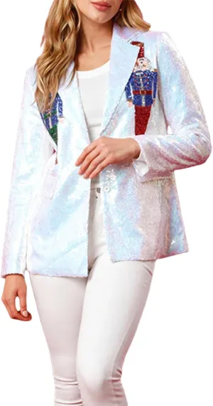 Women's Glitter Jacket Christmas Sequined Nutcracker Shiny Blazer Holiday Sparkly Coat Rave Outfits