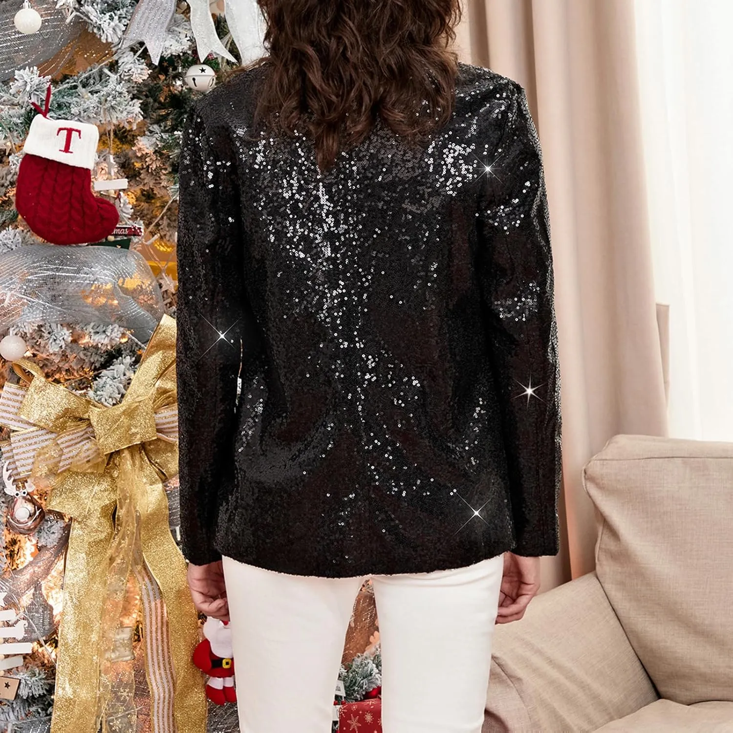 Women's Glitter Jacket Christmas Sequined Nutcracker Shiny Blazer Holiday Sparkly Coat Rave Outfits