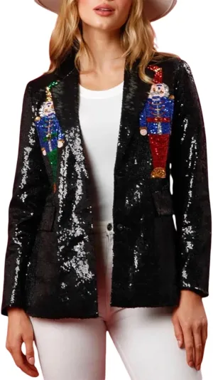 Women's Glitter Jacket Christmas Sequined Nutcracker Shiny Blazer Holiday Sparkly Coat Rave Outfits