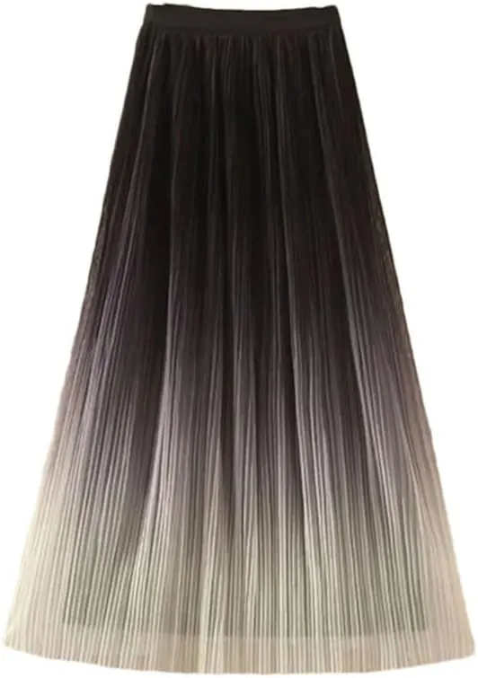 Women's Gradient Casual Pleated Skirt Elastic Waist Slim Midi Skirt