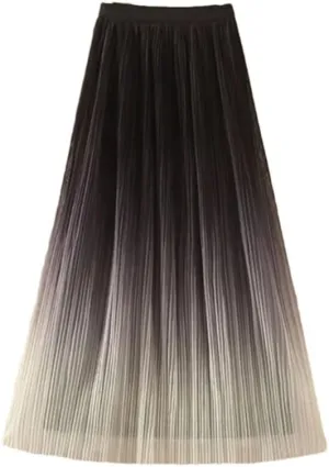 Women's Gradient Casual Pleated Skirt Elastic Waist Slim Midi Skirt