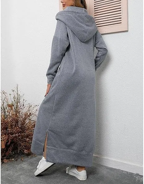 Womens Long Fleece Maxi Hoodie Dresses Baggy Hooded Pullover Sweatshirt Robe Dress with Pockets