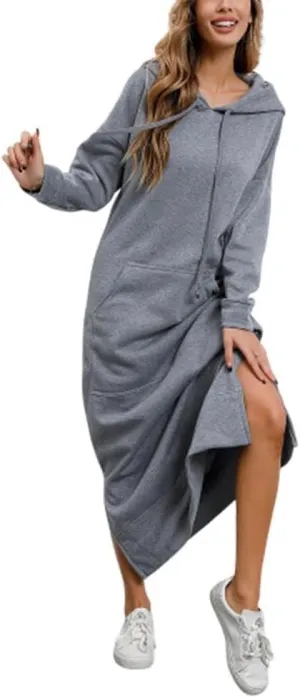 Womens Long Fleece Maxi Hoodie Dresses Baggy Hooded Pullover Sweatshirt Robe Dress with Pockets