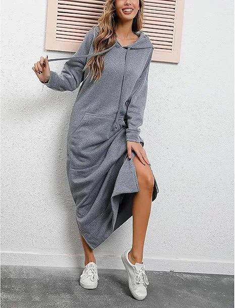 Womens Long Fleece Maxi Hoodie Dresses Baggy Hooded Pullover Sweatshirt Robe Dress with Pockets