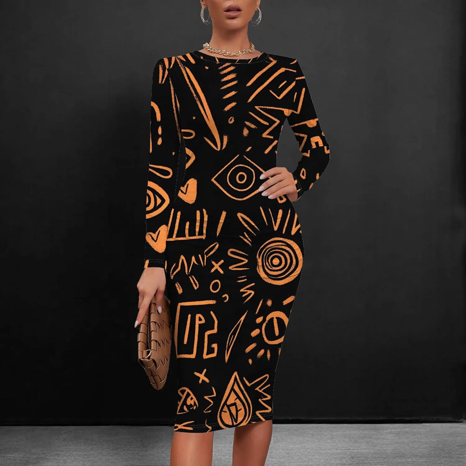 Women's Long Sleeve Sexy Bodycon Dress Club Curve Pencil Skirt Knee Length Basic African Style Party Dress