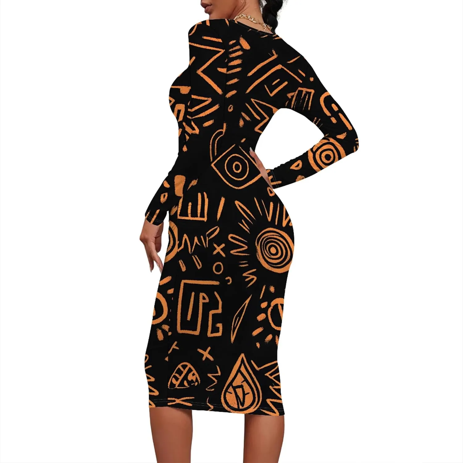 Women's Long Sleeve Sexy Bodycon Dress Club Curve Pencil Skirt Knee Length Basic African Style Party Dress