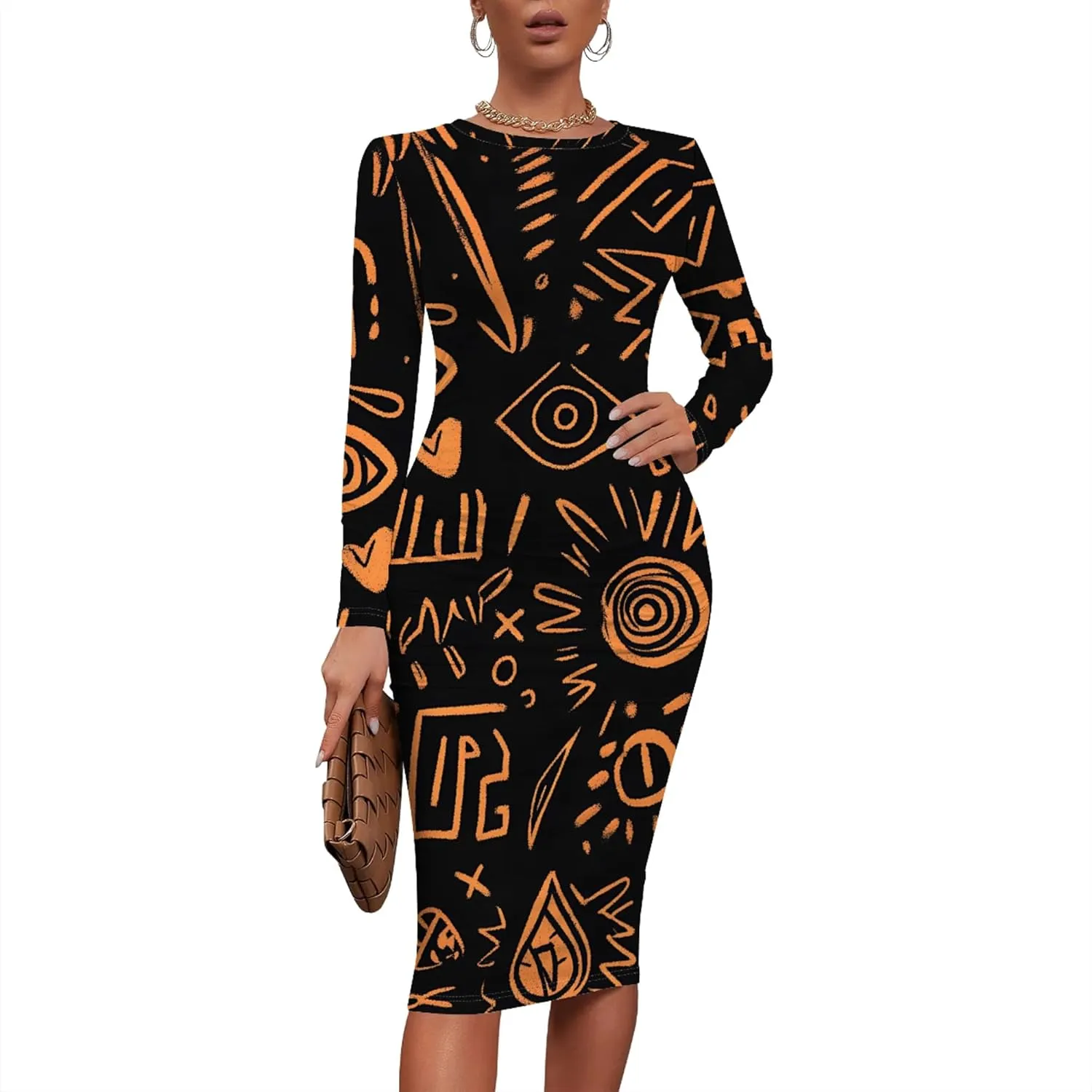 Women's Long Sleeve Sexy Bodycon Dress Club Curve Pencil Skirt Knee Length Basic African Style Party Dress