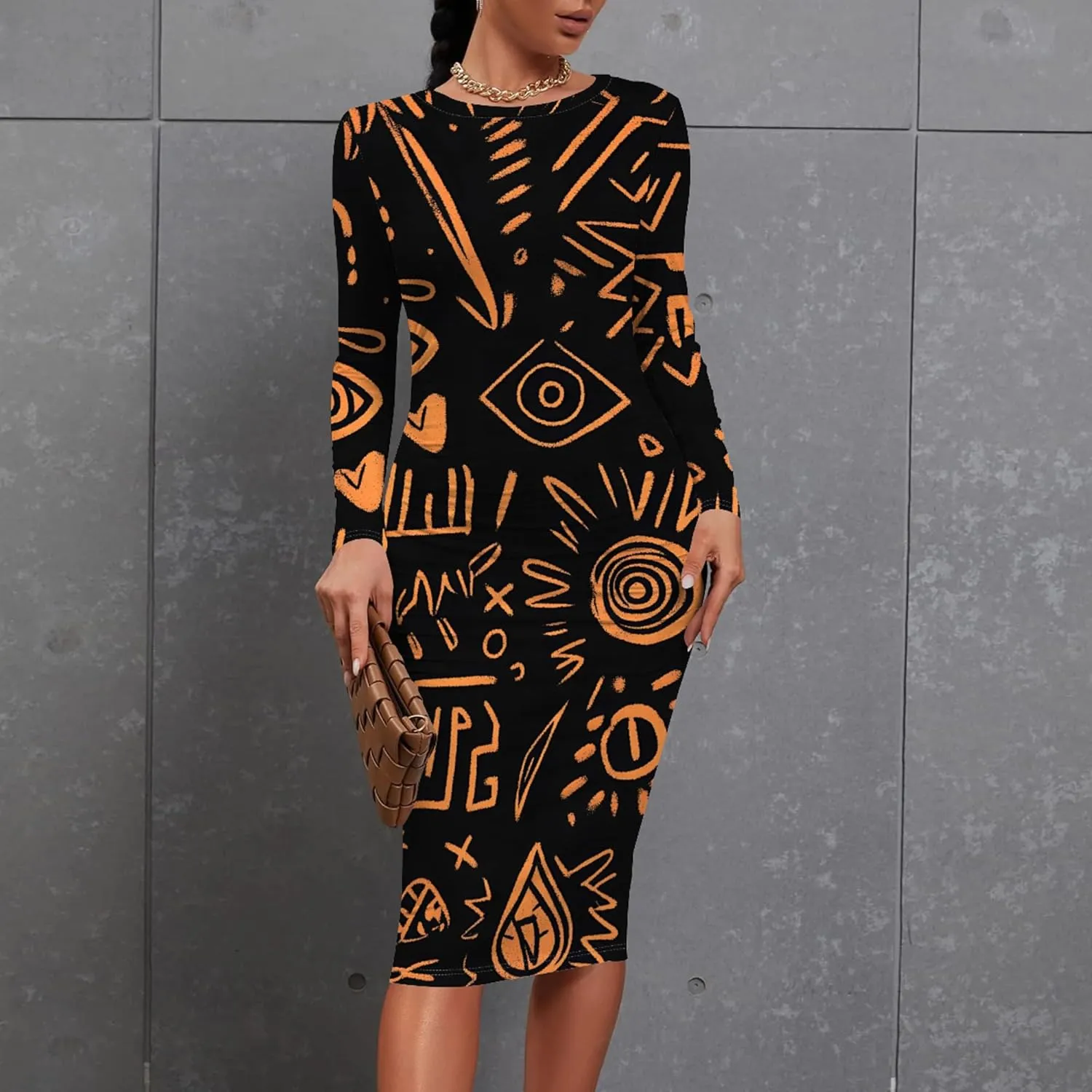 Women's Long Sleeve Sexy Bodycon Dress Club Curve Pencil Skirt Knee Length Basic African Style Party Dress