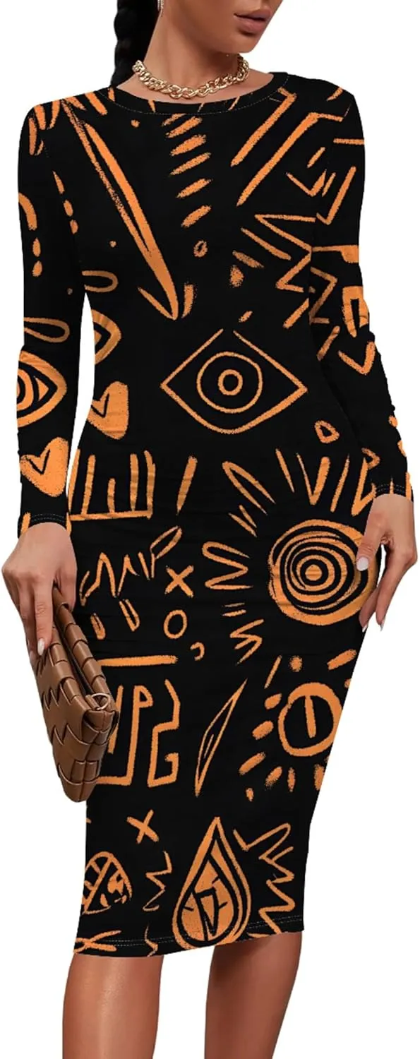Women's Long Sleeve Sexy Bodycon Dress Club Curve Pencil Skirt Knee Length Basic African Style Party Dress