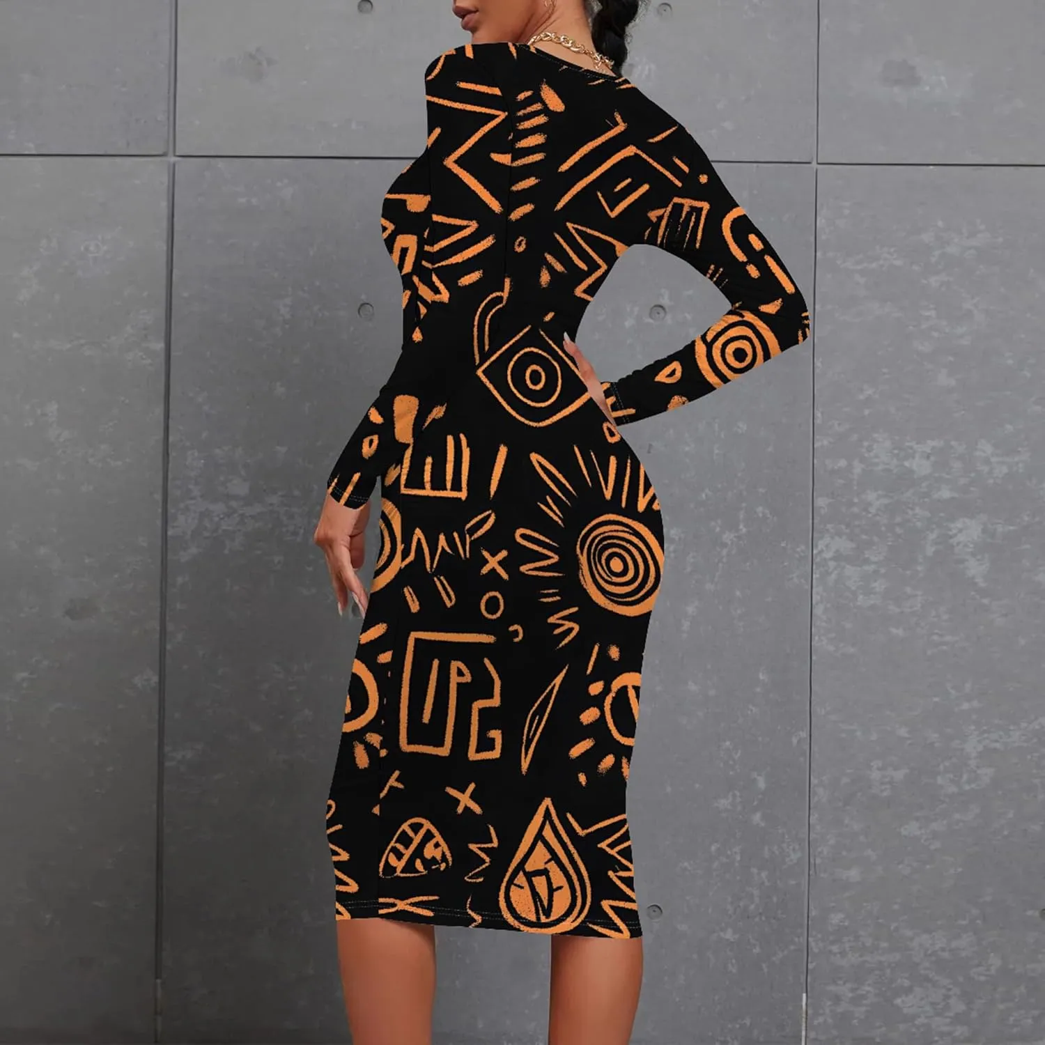 Women's Long Sleeve Sexy Bodycon Dress Club Curve Pencil Skirt Knee Length Basic African Style Party Dress