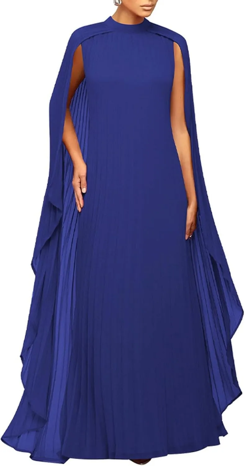 Womens Mock Neck Cloak Sleeve Pleated Flowy Party Maxi Dress Wedding Guest Dresses