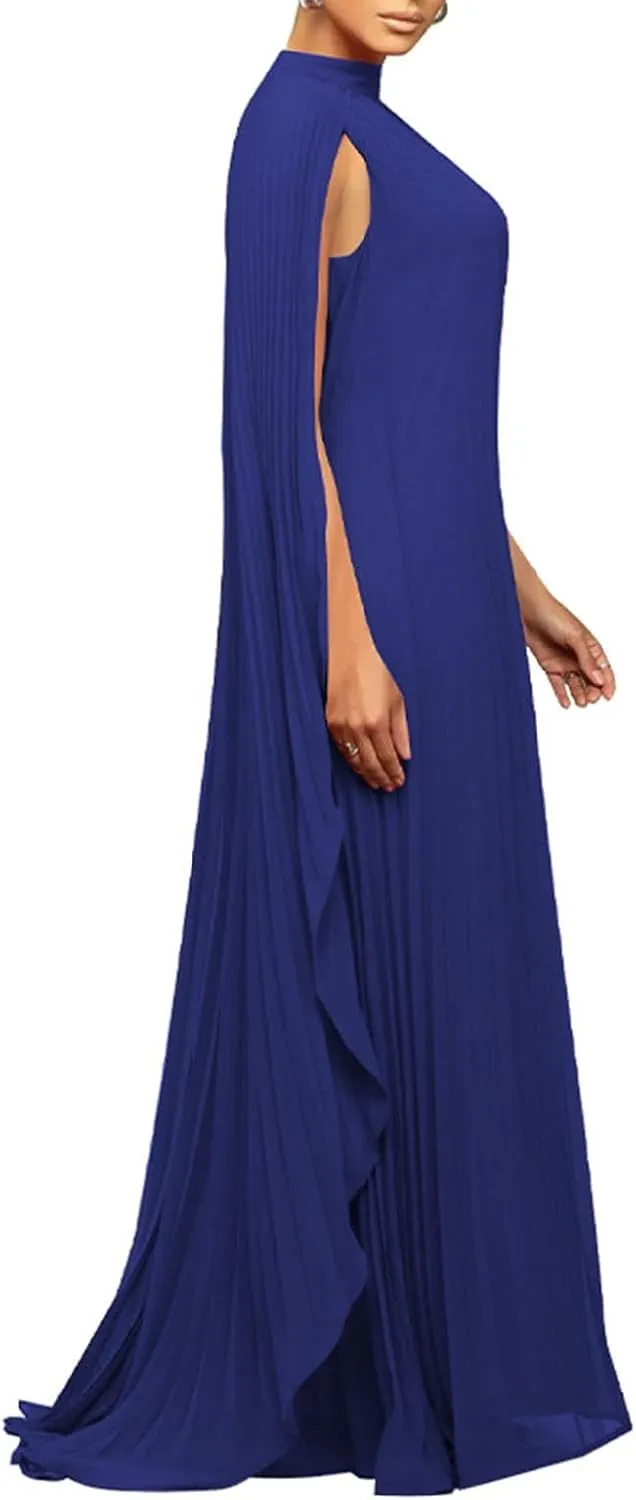 Womens Mock Neck Cloak Sleeve Pleated Flowy Party Maxi Dress Wedding Guest Dresses