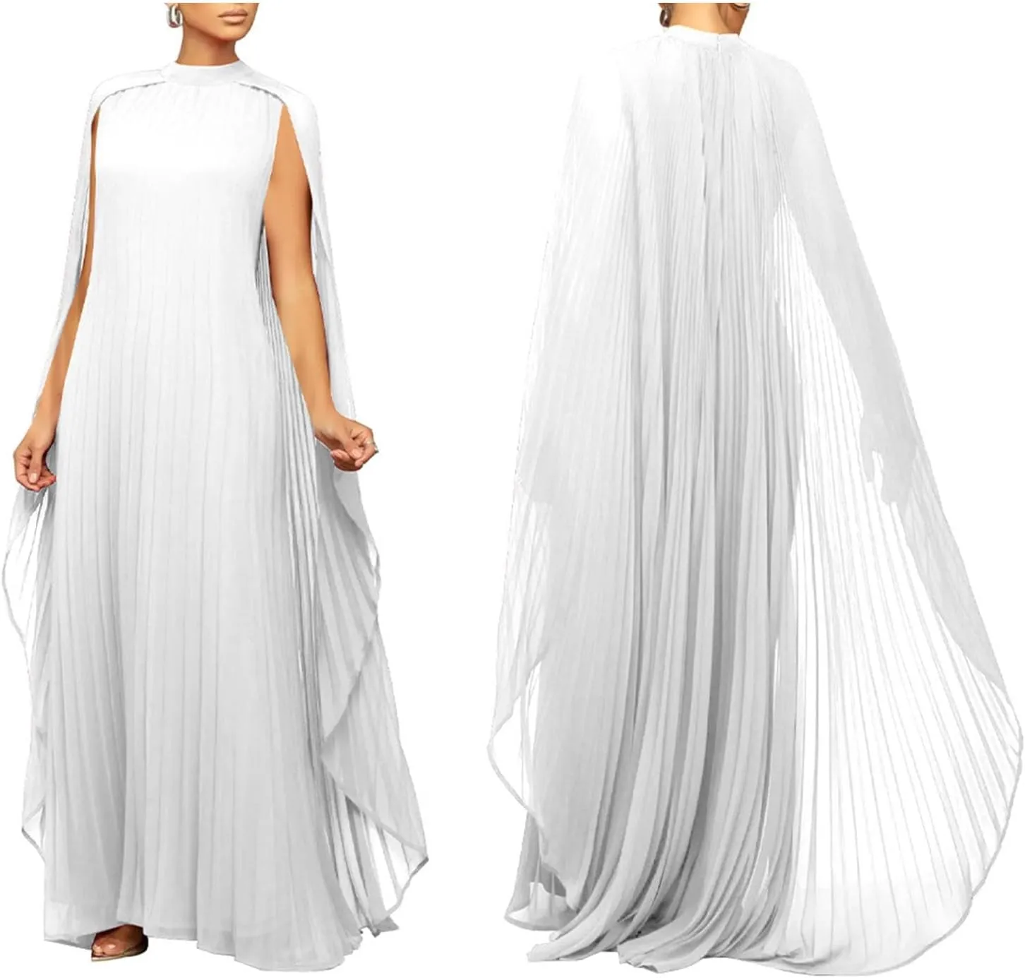 Womens Mock Neck Cloak Sleeve Pleated Flowy Party Maxi Dress Wedding Guest Dresses