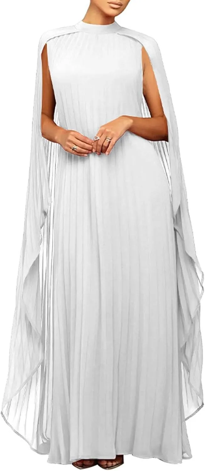 Womens Mock Neck Cloak Sleeve Pleated Flowy Party Maxi Dress Wedding Guest Dresses