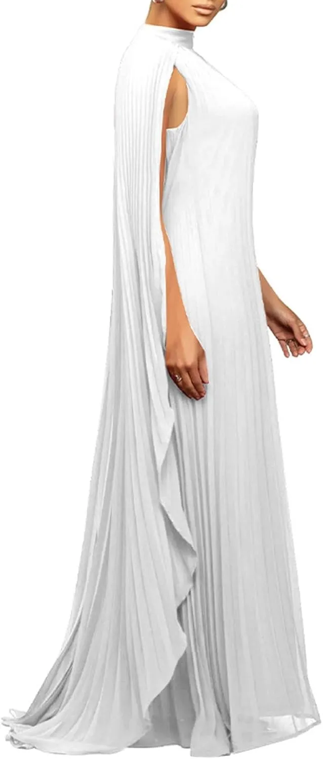 Womens Mock Neck Cloak Sleeve Pleated Flowy Party Maxi Dress Wedding Guest Dresses