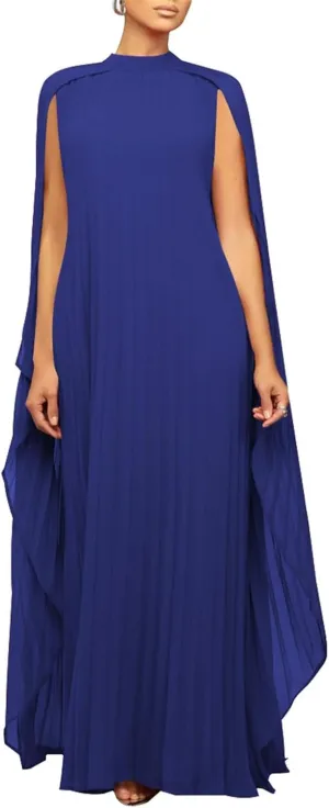 Womens Mock Neck Cloak Sleeve Pleated Flowy Party Maxi Dress Wedding Guest Dresses