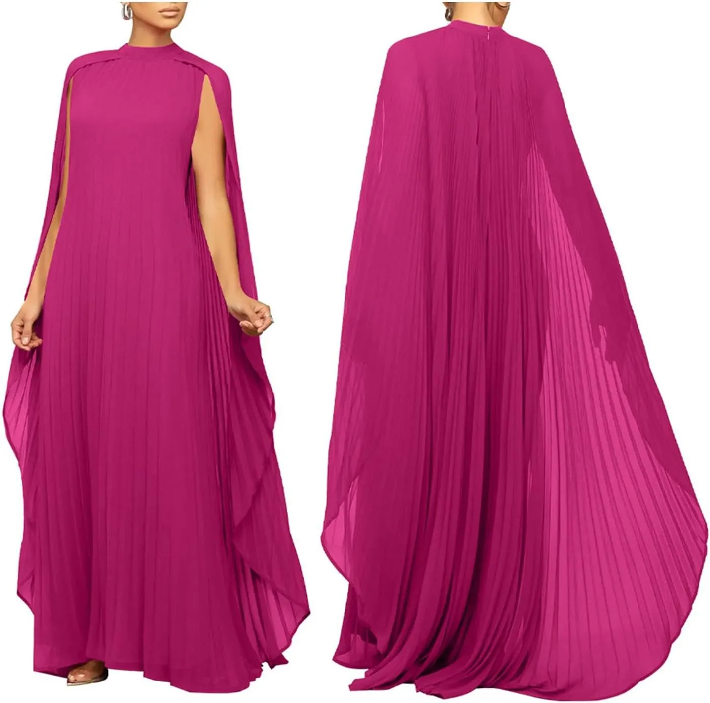 Womens Mock Neck Cloak Sleeve Pleated Flowy Party Maxi Dress Wedding Guest Dresses