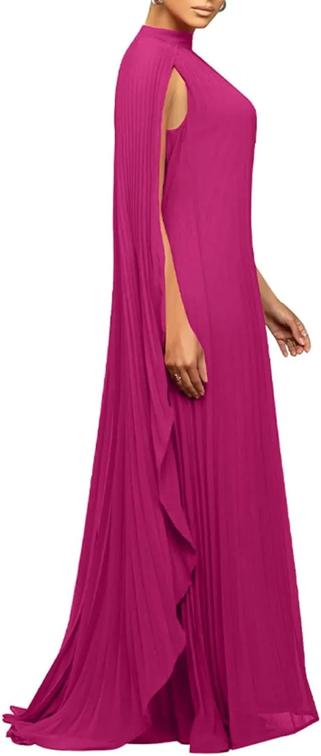 Womens Mock Neck Cloak Sleeve Pleated Flowy Party Maxi Dress Wedding Guest Dresses