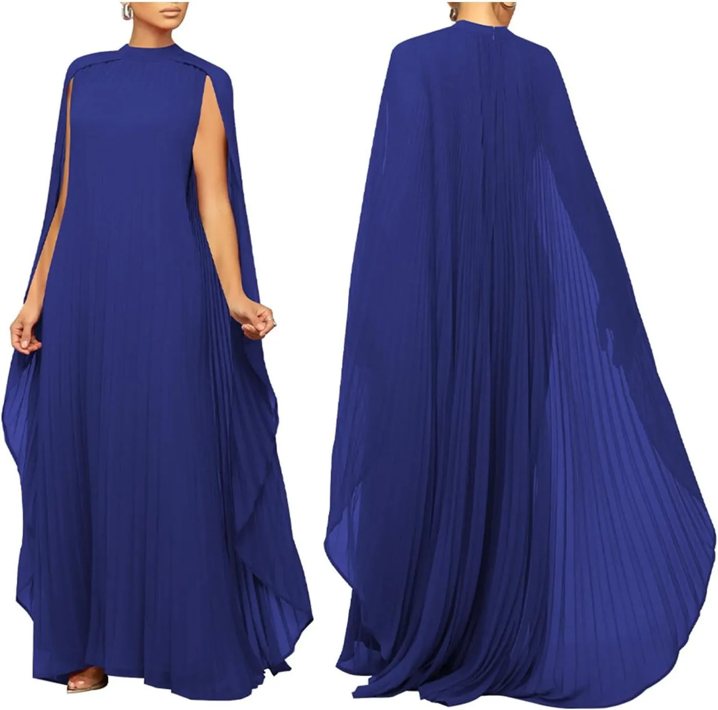 Womens Mock Neck Cloak Sleeve Pleated Flowy Party Maxi Dress Wedding Guest Dresses