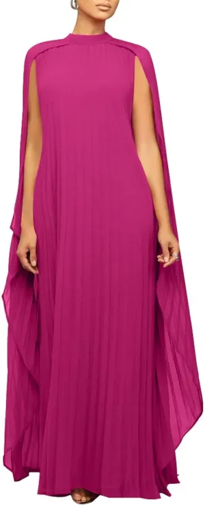 Womens Mock Neck Cloak Sleeve Pleated Flowy Party Maxi Dress Wedding Guest Dresses