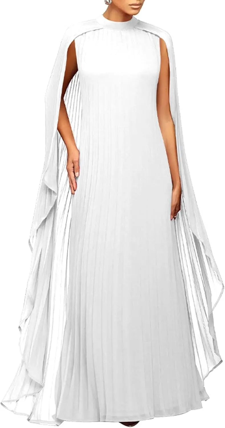 Womens Mock Neck Cloak Sleeve Pleated Flowy Party Maxi Dress Wedding Guest Dresses