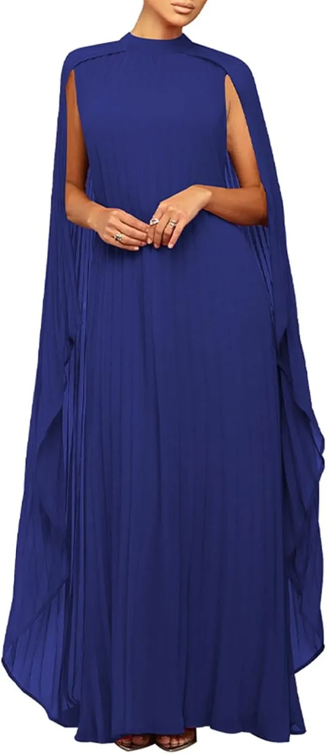 Womens Mock Neck Cloak Sleeve Pleated Flowy Party Maxi Dress Wedding Guest Dresses