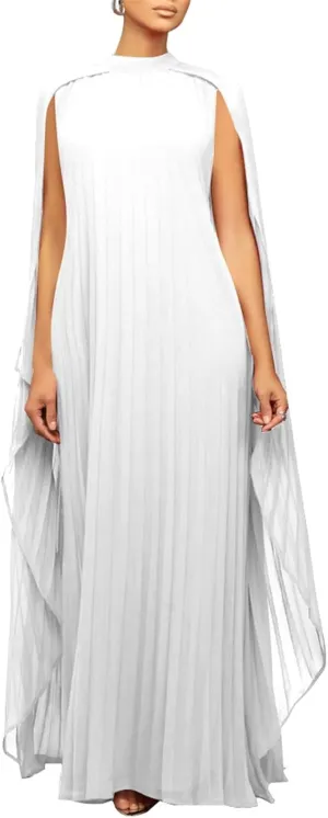 Womens Mock Neck Cloak Sleeve Pleated Flowy Party Maxi Dress Wedding Guest Dresses