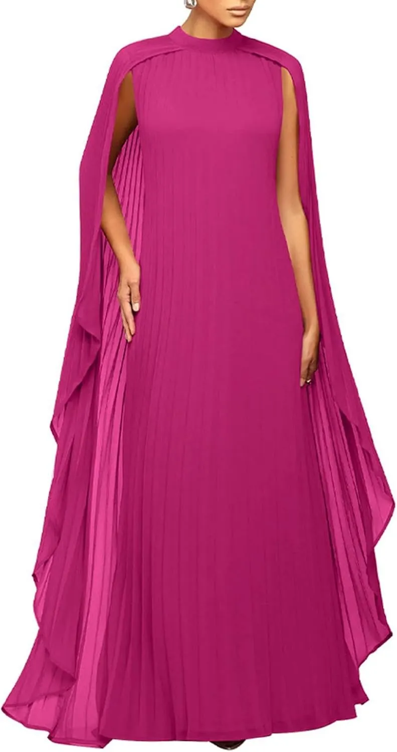 Womens Mock Neck Cloak Sleeve Pleated Flowy Party Maxi Dress Wedding Guest Dresses