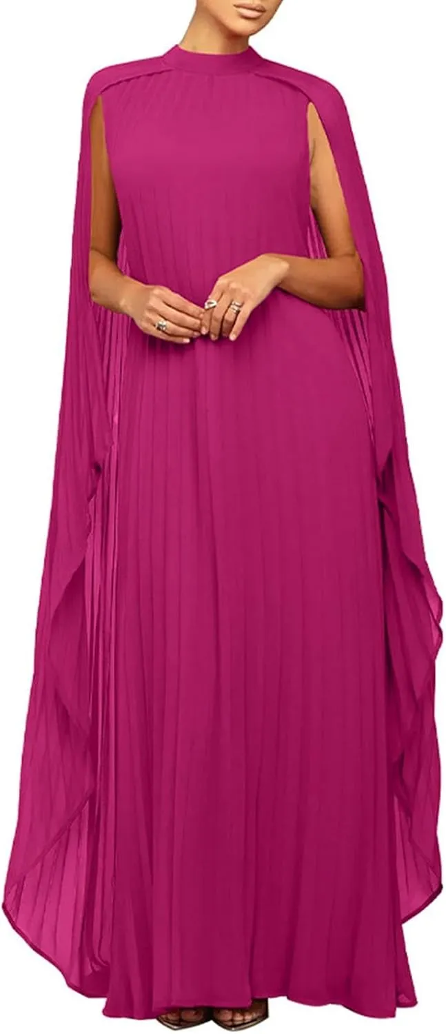 Womens Mock Neck Cloak Sleeve Pleated Flowy Party Maxi Dress Wedding Guest Dresses