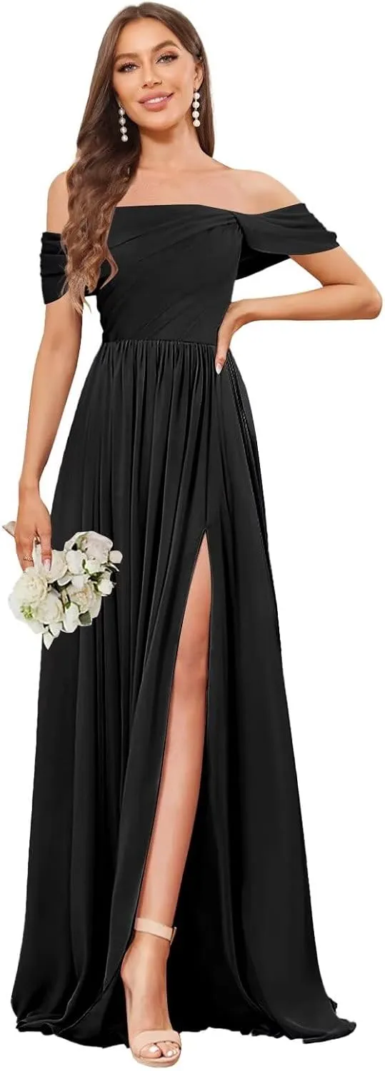 Women's Off The Shoulder Bridesmaid Dresses with Pockets Slit Pleated Chiffon Long Formal Gowns