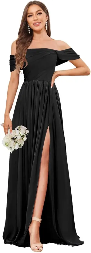 Women's Off The Shoulder Bridesmaid Dresses with Pockets Slit Pleated Chiffon Long Formal Gowns