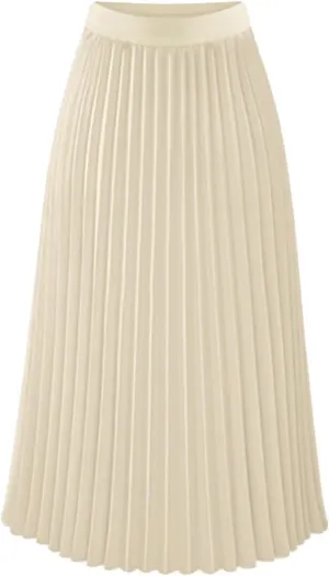 Womens Pleated Midi Skirt High Waist Swing Boho Pleated Skirt Casual Chiffon Elastic A-line Long Skirts