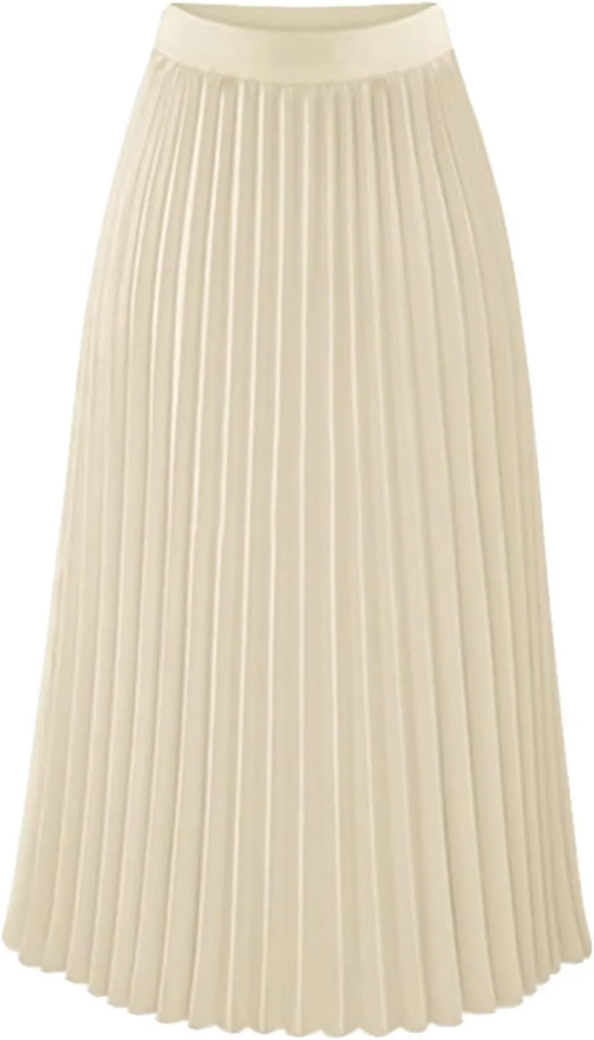 Womens Pleated Midi Skirt High Waist Swing Boho Pleated Skirt Casual Chiffon Elastic A-line Long Skirts