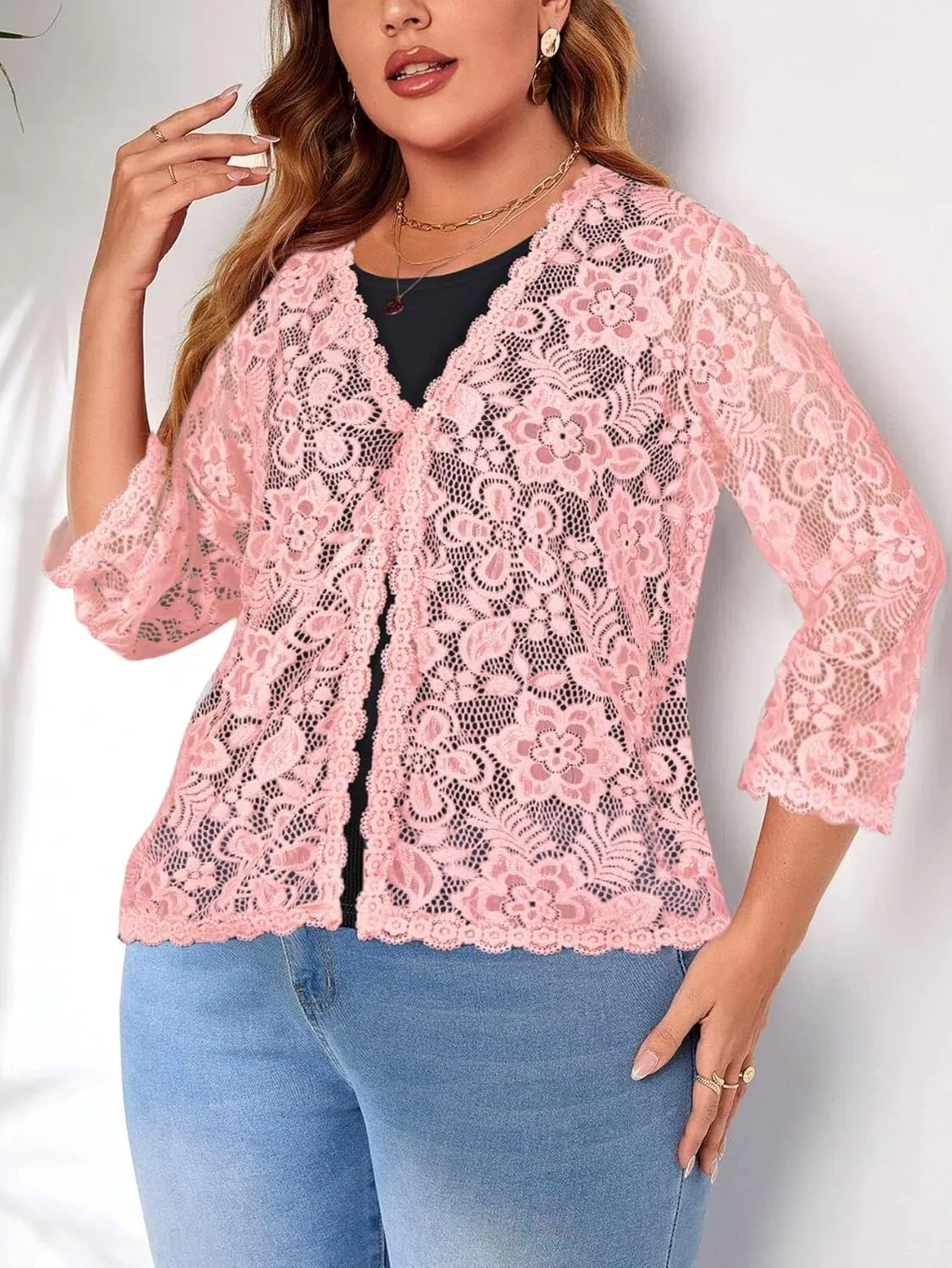Women's Plus Size 3/4 Sleeve Bolero Shrugs Crochet Lace Open Front Cardigan