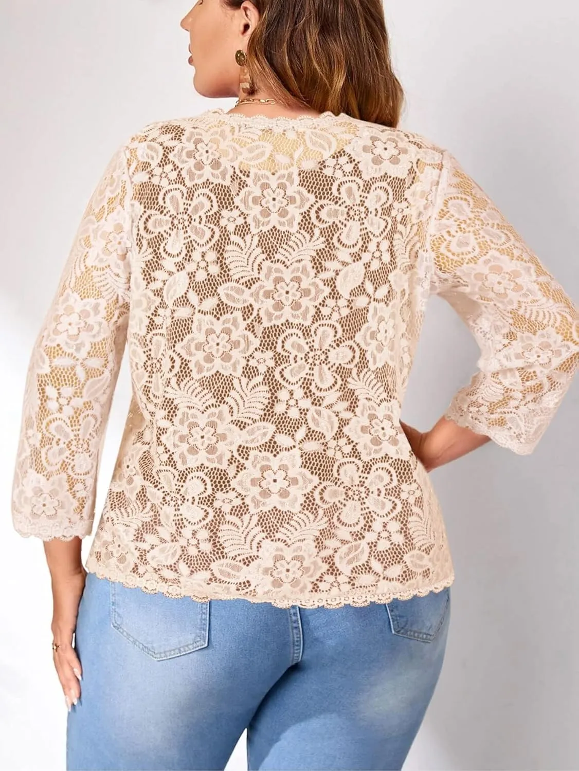 Women's Plus Size 3/4 Sleeve Bolero Shrugs Crochet Lace Open Front Cardigan
